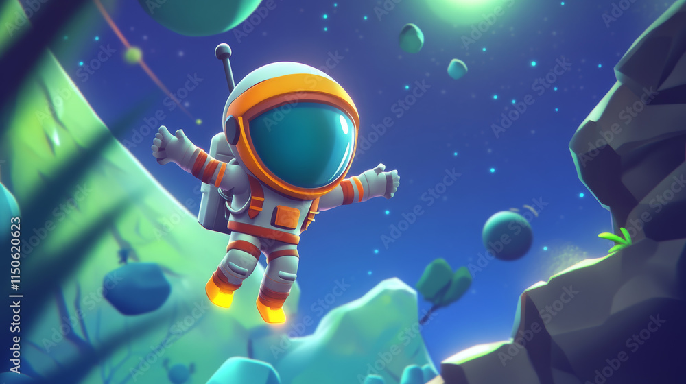 Poster level map for cosmic game with little astronaut run on flying platforms with numbers of stages. futu