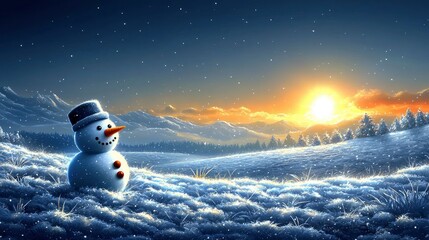 Fototapeta premium Solitary Snowman at Sunrise in a Snowy Winter Wonderland