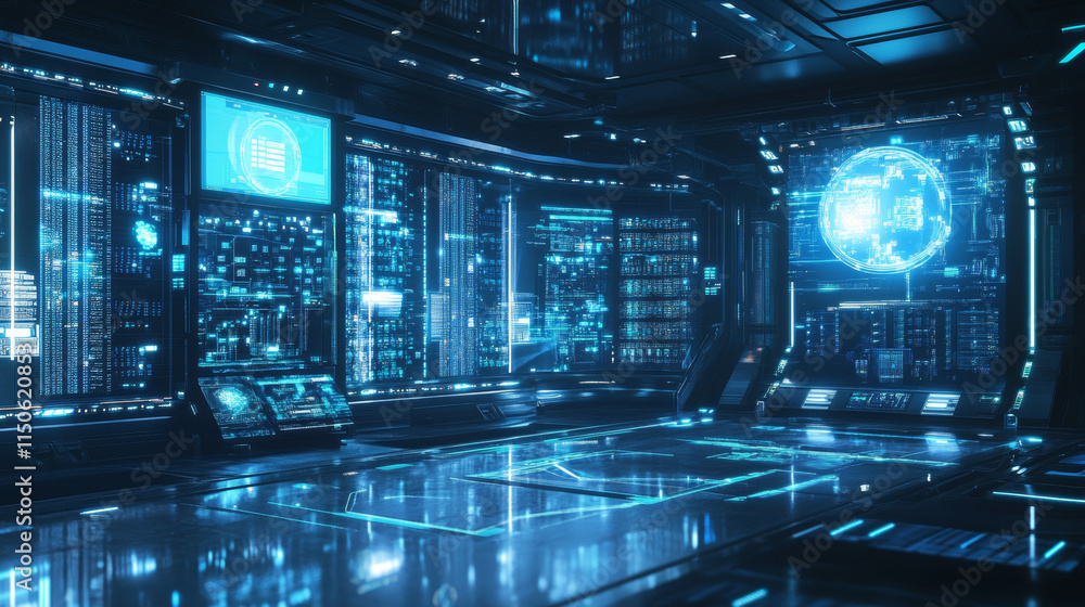 Poster vector cartoon interior of future data center room with server hardware and hologram of processor. c