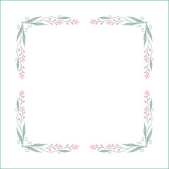 Elegant green vegetal ornamental frame with leaves and pink flowers, decorative border, corners for greeting cards. Isolated vector illustration	
