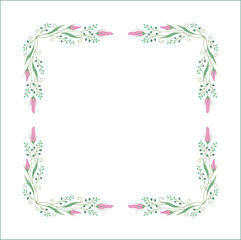 Elegant green vegetal ornamental frame with leaves and pink flowers, decorative border, corners for greeting cards. Isolated vector illustration	
