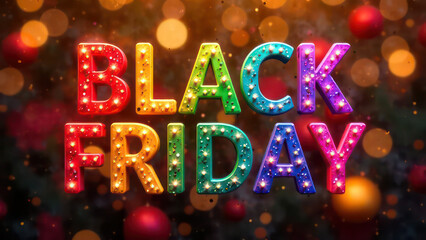 Rainbow Color volume letters “black friday” floating over festive blurred bokeh golden background