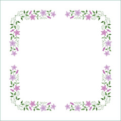 Elegant green vegetal ornamental frame with leaves and pink flowers, clematis; decorative border, corners for greeting cards. Isolated vector illustration	
