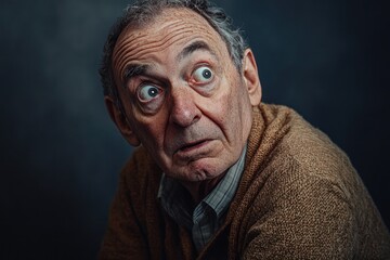 Obraz premium Elderly man with surprised expression looking over his shoulder in a moody indoor setting during evening light. Generative AI