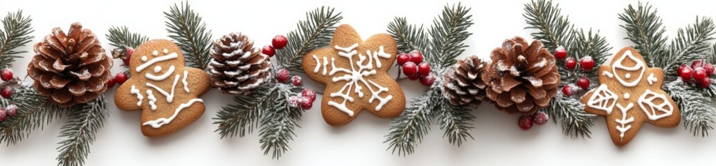 A festive border decoration garland combining fir branches, gingerbread cookies, golden bells, holly berries, and cones. Ideal for Xmas or New Year visuals with a white background, in modern format.