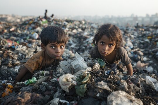 Children scavenging through a garbage dump in an urban area during late afternoon light. Generative AI