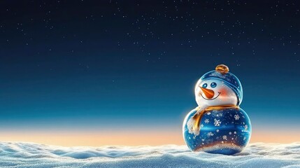 Fototapeta premium Festive Blue Glass Snowman in Snowy Winter Landscape Under Starry Night Sky
