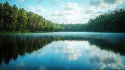 Serene lake reflecting trees and clouds under a blue sky