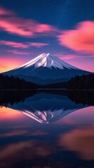 Majestic Snow-Capped Volcano with Lake Reflection Under Starry Twilight Sky