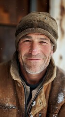 Fototapeta premium A joyful White man dressed warmly enjoys a quiet winter moment, surrounded by soft snowfall and gentle sunlight on his face