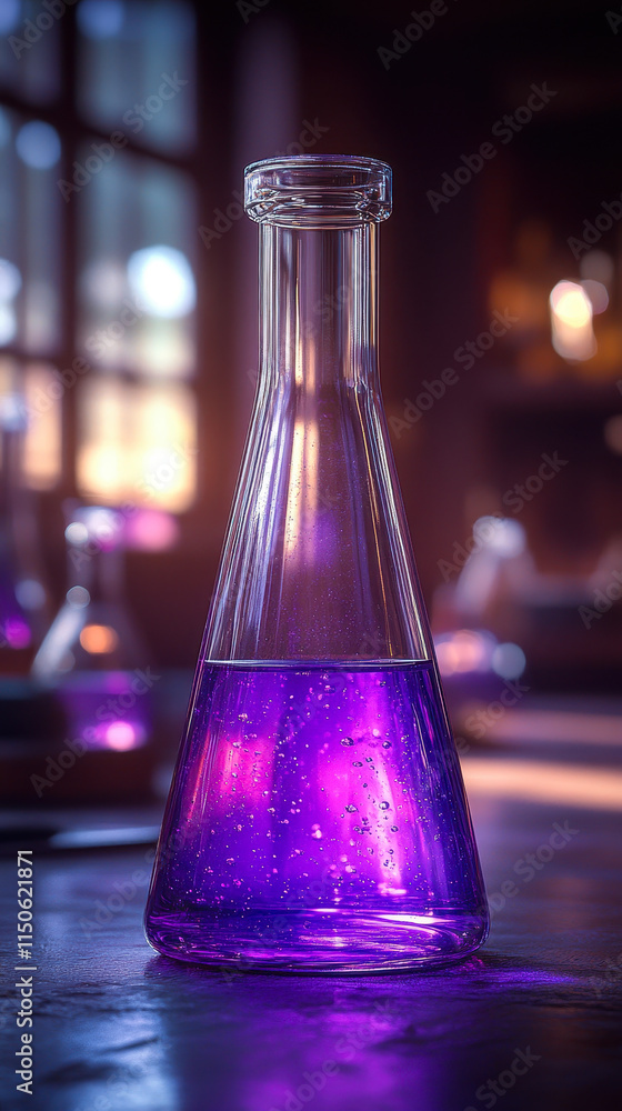 Poster striking purple potion in glass flask on table in moody laboratory setting