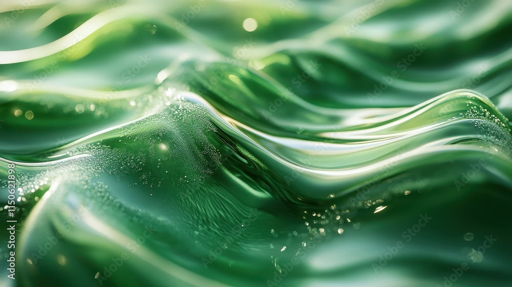 Poster abstract shining green liquid surface with dynamic waves and bubbles texture