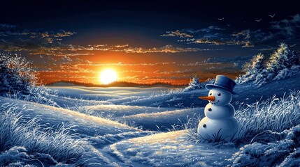 Fototapeta premium Solitary Snowman at Sunset in a Frosty Winter Landscape