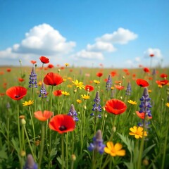 field of poppies and sky nature background