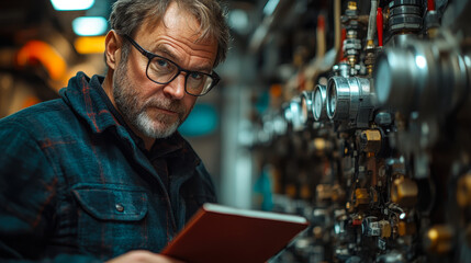 Middle-Aged Home Inspector Assessing Technical Equipment Room Plumbing and Electrical Systems