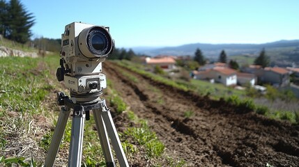 Surveying equipment on tripod positioned in a field overlooking a village.