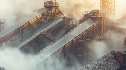 Gravel crushing and screening plant processing rock at sunset