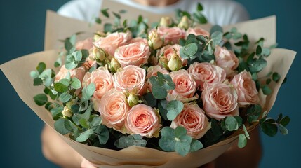 A beautiful bouquet of peach roses and greenery held by a person.
