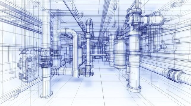 Industrial pipes and valves blueprint engineering design
