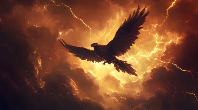 A stylized thunderbird soaring through a sky of glowing storm clouds.