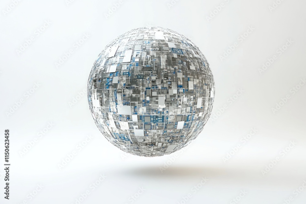 Poster floating sphere made of digital textures and patterns showcases modern design innovation in a minima