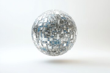 Floating sphere made of digital textures and patterns showcases modern design innovation in a minimalist setting. Generative AI