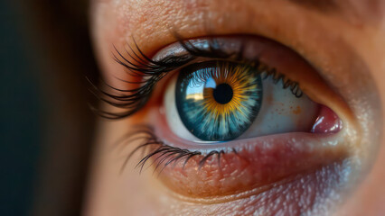 Fototapeta premium Close up cropped view of eye of woman with rainbow pupil, happiness