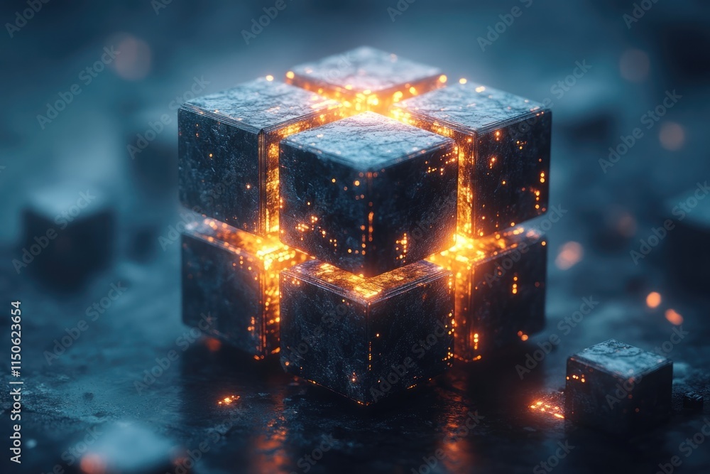 Poster glowing cube structure with ethereal light effect in a dark, abstract environment. generative ai