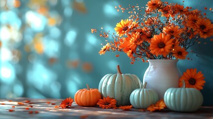 Pumpkins and orange flowers creating a warm autumnal atmosphere