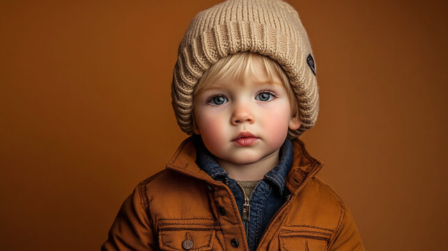 A stylish portrait of a thoughtful blonde kid boy in a cozy autumn jacket and hat, innocence and wonder of a toddler child against a warm brown orange fashion background.