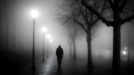 A man walks down a foggy street at night