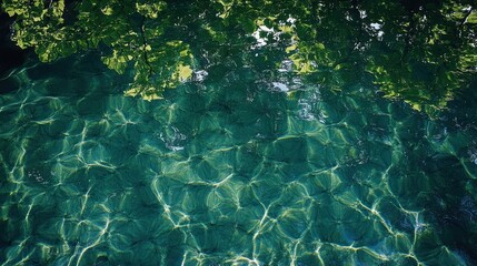 Obraz premium Tranquil turquoise water surface with sunlight reflections and leafy canopy overhead.