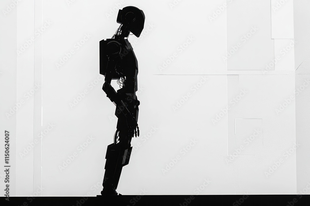 Poster silhouette of a humanoid robot standing upright against a minimalist white background in a contempor