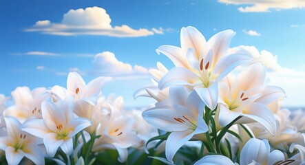 Fototapeta premium White lilies in bloom, field of flowers, bright sunny day, blue sky with fluffy clouds, mountain backdrop, vibrant nature scene, close-up floral photography, high contrast, vivid colors, summer landsc