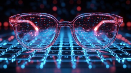 Transparent eyeglasses with digital data reflected on a keyboard.