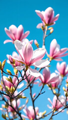 Fototapeta premium Pink magnolia blossoms against a clear blue sky, springtime beauty and nature's elegance, vibrant floral scene, minimalism, with white tones