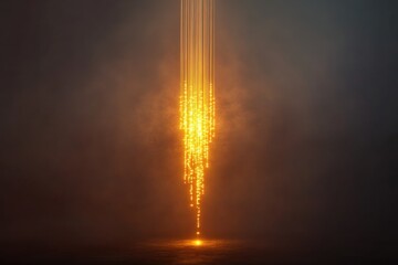 Obraz premium Sparkling golden rays cascade down through a dark misty atmosphere creating a stunning visual effect at night. Generative AI