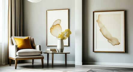 Modern living room, Scandinavian design, gray armchair, yellow cushion, white vase, yellow flowers, round paper lantern, framed wall art, textured wallpaper, wooden floor, natural light, minimalist de