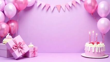 pastel colors purple frame with free place for text made from lot of birthday little cakes, candles, gift boxes with big bows