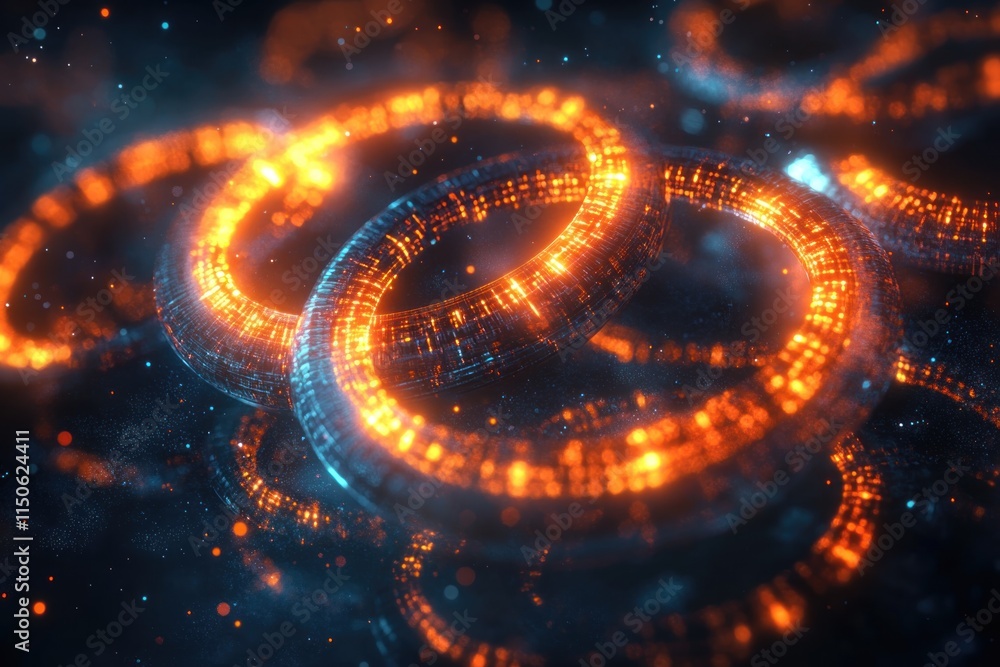 Poster colorful glowing rings create a mesmerizing digital display in a dark atmosphere. generative ai