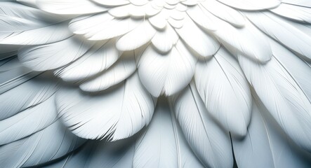 Fototapeta premium white feathers, angel wings, intricate detail, close-up, soft texture, overlapping layers, ethereal, pure, heavenly, graceful, 3D rendering, high resolution, dramatic lighting, serene atmosphere, divi