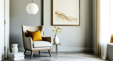 Modern living room, Scandinavian design, gray armchair, yellow cushion, white vase, yellow flowers, round paper lantern, framed wall art, textured wallpaper, wooden floor, natural light, minimalist de