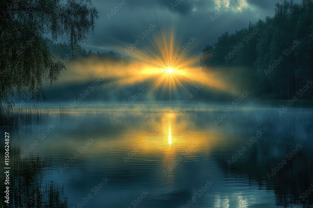Poster mist covers a tranquil lake as the sun rises, creating a stunning display of light and color in the 