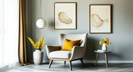 Modern living room, Scandinavian design, gray armchair, yellow cushion, white vase, yellow flowers, round paper lantern, framed wall art, textured wallpaper, wooden floor, natural light, minimalist de