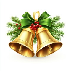 Golden bells with green ribbons, entwined with red berries and leaves, are isolated in a PNG format