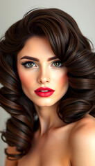 Fototapeta premium Beautiful brunette model with volume curls, classic makeup and sexy lips. The beauty of the face. Portrait shot in the studio, papercraft, with white tones