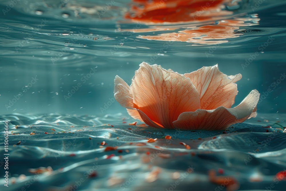 Poster soft peach flower floating gracefully in clear water reflecting gentle light and creating ripples in