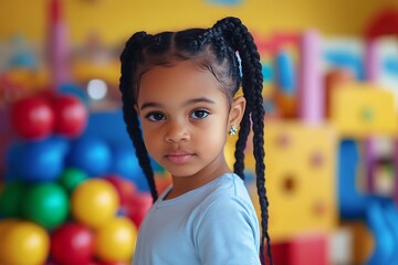 Portrait of adorable preschool girl posing in playroom