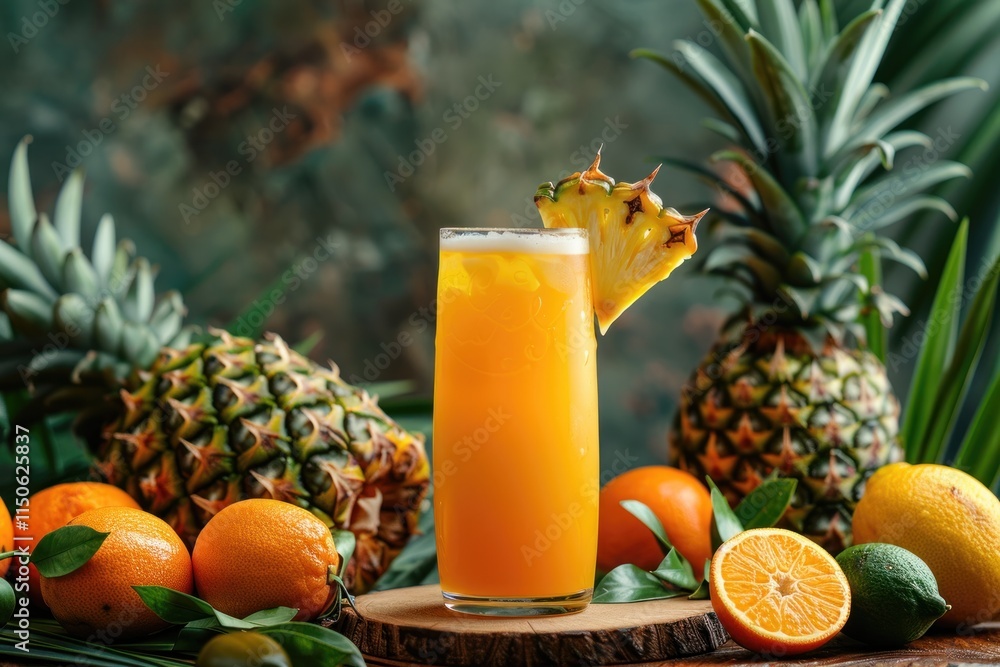 Poster refreshing tropical drink with pineapples and oranges on a wooden table in a vibrant setting. genera