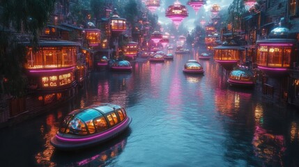 Obraz premium A vibrant futuristic cityscape with illuminated floating structures and boats on a serene waterway.